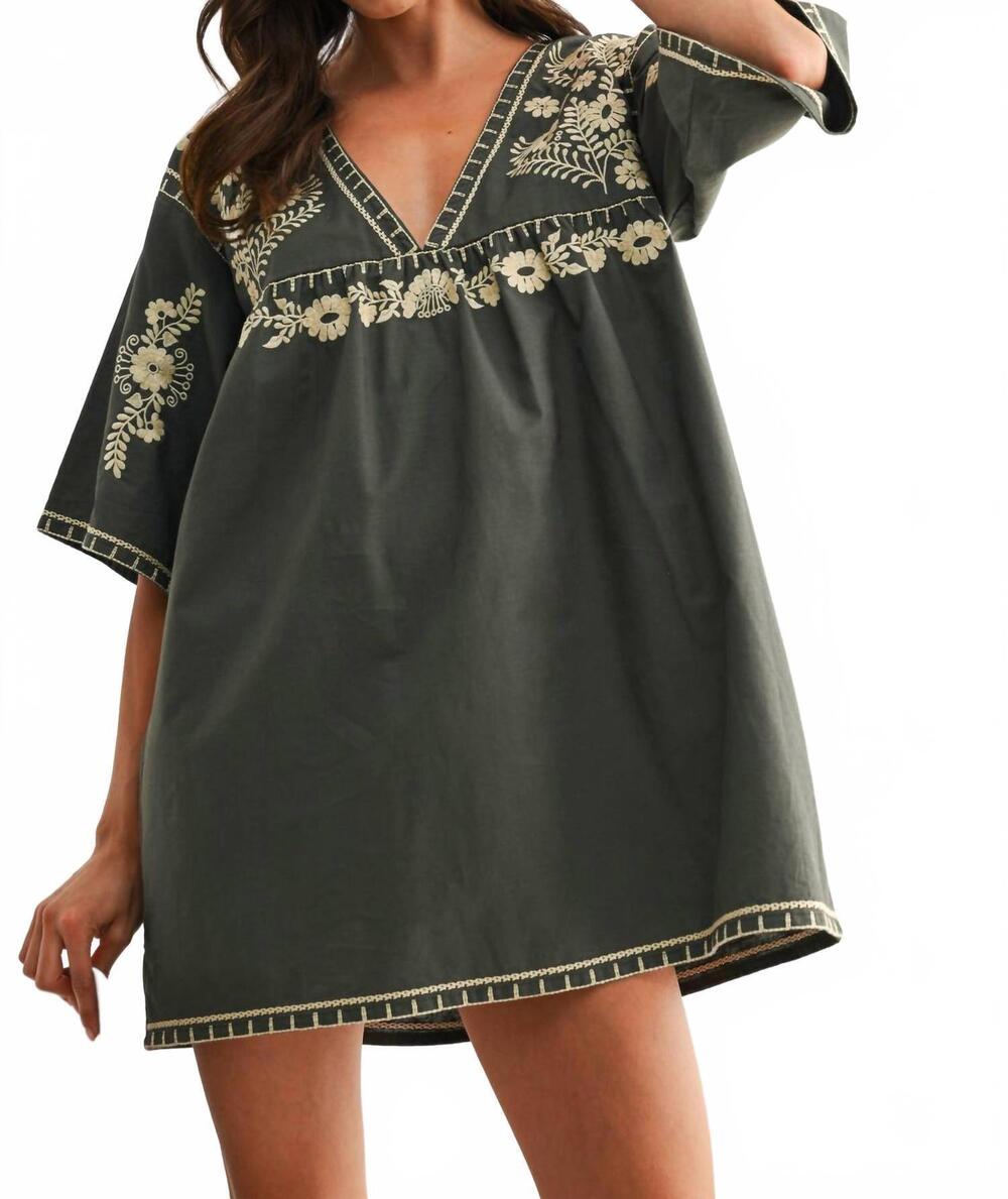 NEW CAMELLIA embroidered shift dress in forest green